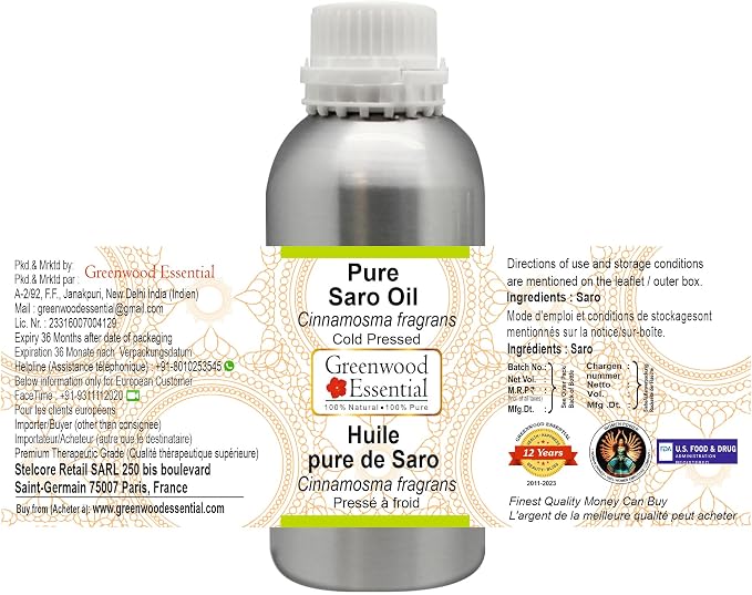 Greenwood Essential Pure Saro Carrier Oil (Cinnamosma fragrans) Steam Distilled 1250ml (42 oz)