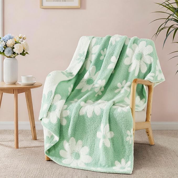 Soft Throw Blanket for Couch-Cozy Reversible Knitted Blankets | Lightweight Warm Fluffy Decor for Women, Mom, Her & Girls, Sofa, Chair, Bed, 50x60in,Daisy Floral Green