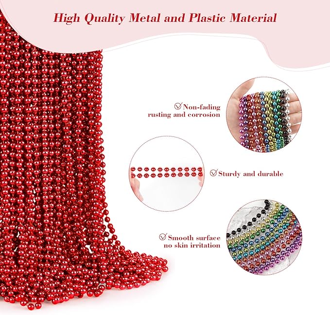 YAXINRUI 120 PCS Red Bead Necklaces, Red Mardi Gras Beads Christmas Necklace, Valentine Necklaces, 33 Inch Round Beaded Necklace for Mardi Gras Christmas Valentine Festive Events, Party Favors