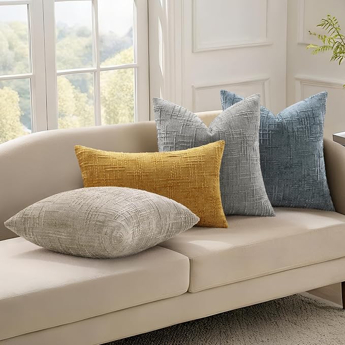 decorUhome Textured Chenille Throw Pillow Covers 24x24 Set of 2 Grey | Fall Modern Farmhouse Soft Cozy Slubby Couch Pillow Cases Boho Decorative Pillow Cases for Bed Sofa Living Room Home Decor