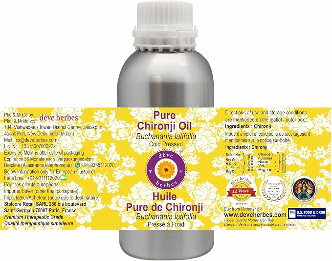 Deve Herbes Pure Chironji Oil (Buchanania latifolia) 100% Natural Therapeutic Grade Cold Pressed 1250ml (42.2 oz)