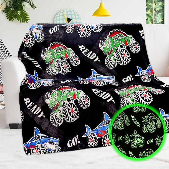 BORORO Dinosaur Truck Toys Glow in The Dark Truck Blanket for Boys Shark Throw Blanket Construction Excavator Birthday Gifts for Kids