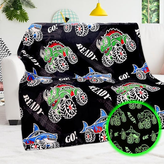 BORORO Dinosaur Truck Toys Glow in The Dark Truck Blanket for Boys Shark Throw Blanket Construction Excavator Birthday Gifts for Kids