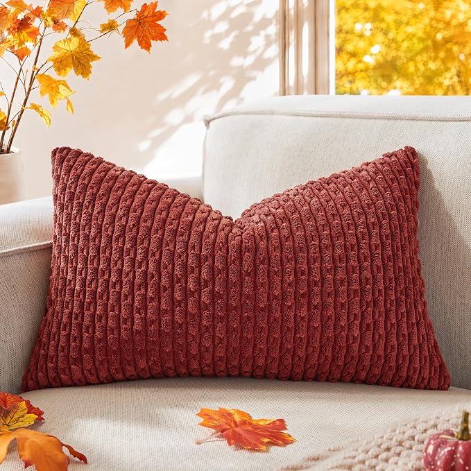 Kevin Textile Soft Corduroy 14"x20" Lumbar Pillow Cover 1 Pack, Burnt Brick | Fall Boho Stripe Plush Corduroy Decorative Oblong Cushion Cover Modern Farmhouse Home Decor for Sofa Couch Bed Chair