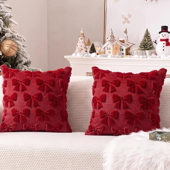Mixweer Burgundy Bow Pillow Covers Set of 2 Preppy Room Decor Coquette Cute Spring Summer Decorative Faux Fur Soft Bowknot Stuff Fluffy Plush Aesthetic Pillowcase for Bed Sofa Couch (20 x 20 Inch)