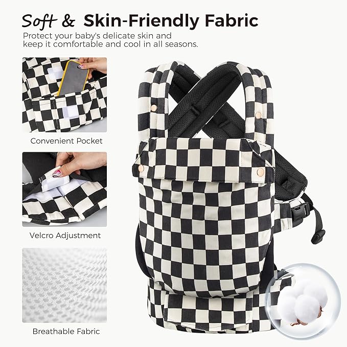 Baby Carrier Newborn to Toddler- Ergonomic,Cozy and Lightweight Infant Carrier for 7-40lbs,3 Carry Positions Newborn Carrier,Checkerboard