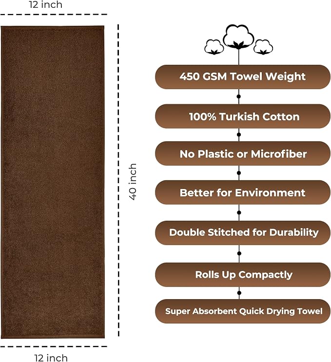 NUKURA 12” x 40” Gym Sweat Towel, 450 GSM, 100% Cotton, High Absorbency, Extra Soft & Quick Dry Workout, Yoga, Pickleball, Padel, Fitness Towel – Chocolate Brown