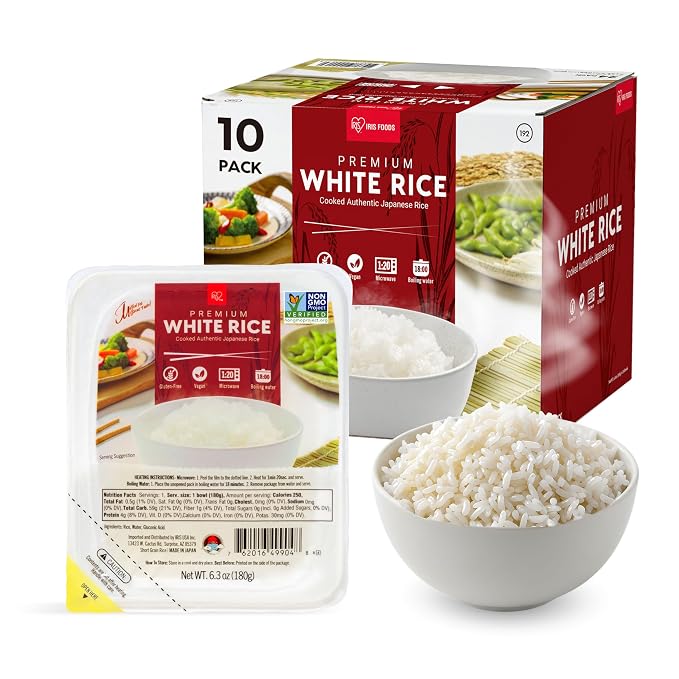 IRIS Instant White Rice, 10PK, Japanese Short Grain Vegan, Microwave 80 sec | Non-GMO, Gluten Free, Vegan, Ultra Premium Japanese Sushi Rice, Product of Japan