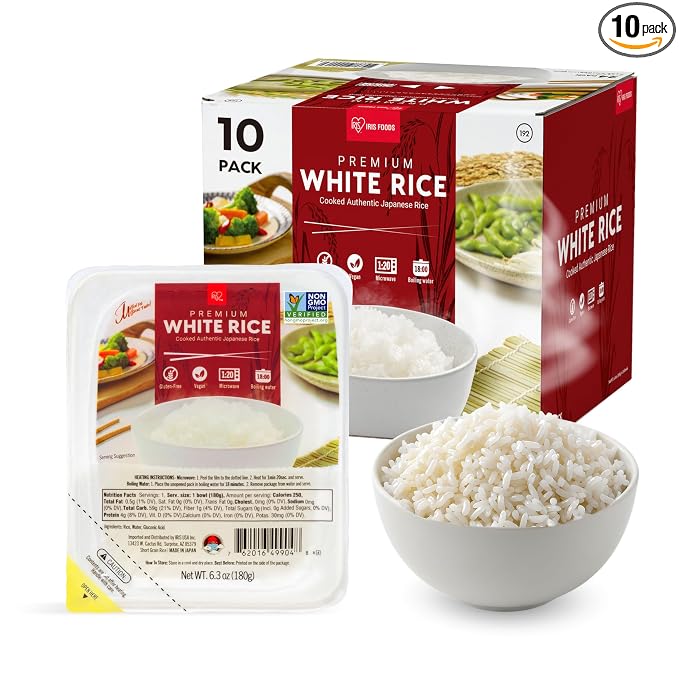 IRIS Instant White Rice, 10PK, Japanese Short Grain Vegan, Microwave 80 sec | Non-GMO, Gluten Free, Vegan, Ultra Premium Japanese Sushi Rice, Product of Japan