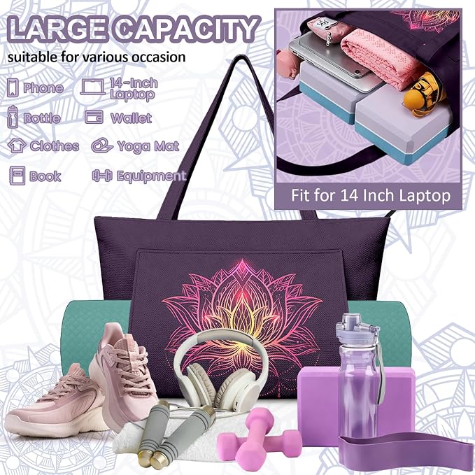 Yoga Bag for Women, Large Canvas Yoga Mat Tote Bag with Yoga Mat Carrier - Large Mat Pocket Fitness Tote for Pilates, Gym, Travel, Office & Beach
