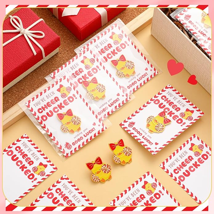 Quelay 24 Pack Cheer Team Gifts Bulk Cheerleader Duck Pins Brooches You've Been Cheer Ducked Tags Team Inspirational Gift Accessories for Teammates