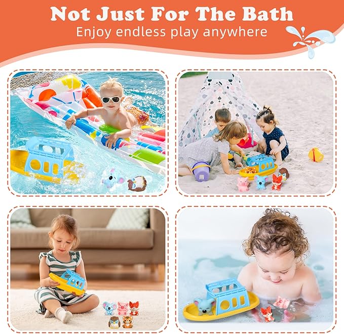 Oriate Bath Toys for Kid, 1 Boat and 5 Silicone Animal Finger Puppets, Sensory Learning Toy Set in The Bathtub, Pool, Beach, Gifts for Kids Boys Girls 3 4 5 6 Year Old