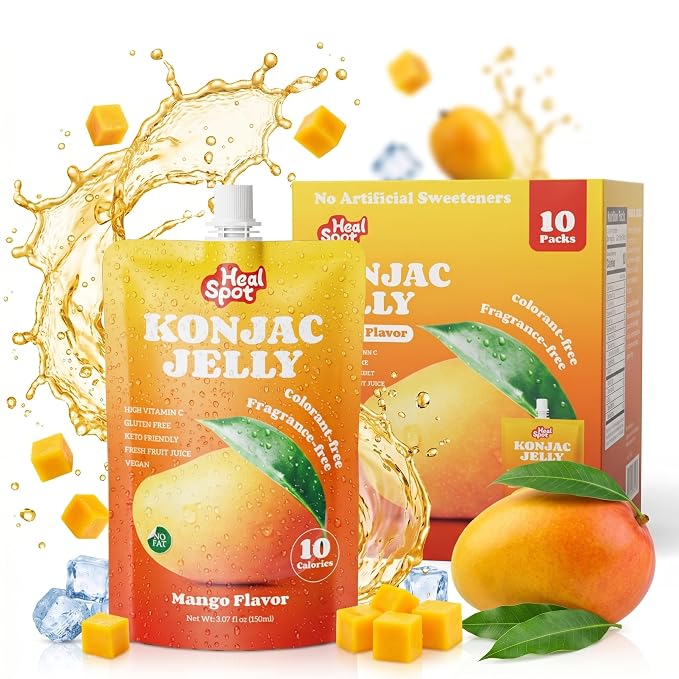 Healspot Real Fruit Juice Snacks Konjac Jelly with Collagen Peptides and Vitamin C, No Artificial Sweetener, Low Calories|Gluten Free|Keto Friendly, Healthy Korean Snacks 10 Pouches Mango Flavor