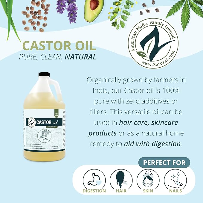 Zatural Castor Oil Naturally Grown 100% Pure Cold Pressed Castor Oil Hexane Free Hair Growth Eylash Serum and Eybrows or Body Wraps and Detox (1 Gallon)