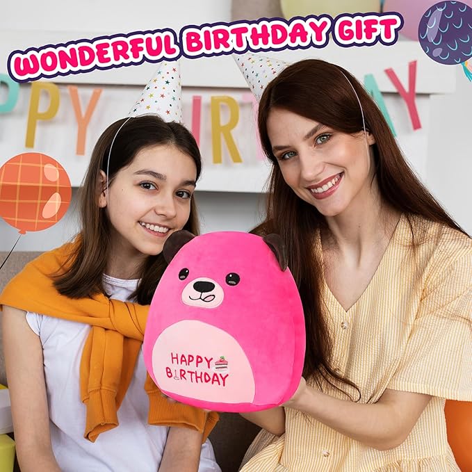 12” Birthday Bear Plush Pillow Hot Pink Happy Birthday Pillow Soft Cute Bear Plush Toy Stuffed Animal Gifts for Kids