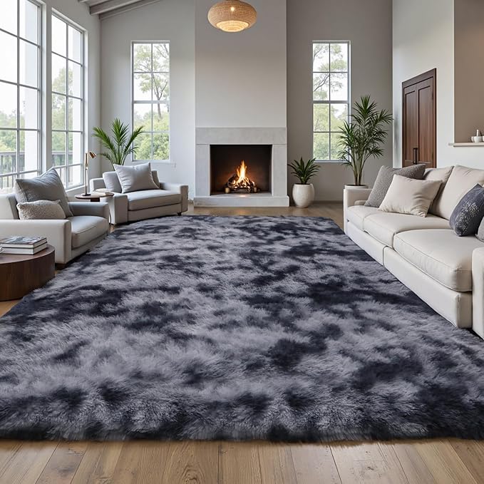 Grey Fluffy 8x10 Area Rug, Tie-Dye Dark Gray Soft Washable Shag Carpet | Cute plush fuzzy rug for bedroom, living room, kids room, nursery, baby, and toddler