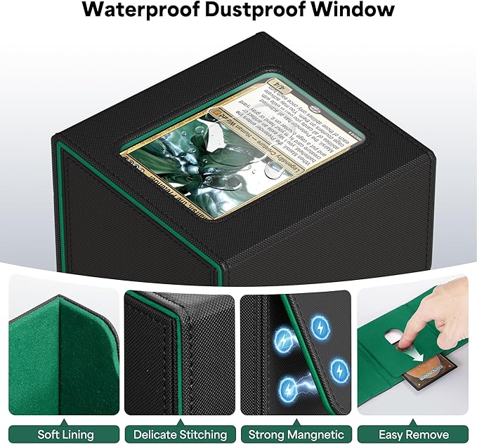 ZLCA MTG Commander Deck Box, Card Deck Box for Trading Card, Holds 110+ Double Sleeved Cards Fits for TCG CCG Magic Cards with 2 Dividers (Black & Green)