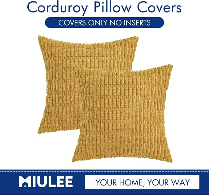 MIULEE Corduroy Decorative Throw Pillow Covers 20x20 Yellow Pack of 2 | Soft Boho Striped Pillow Covers Modern Farmhouse Home Decor For Sofa Living Room Couch Bed