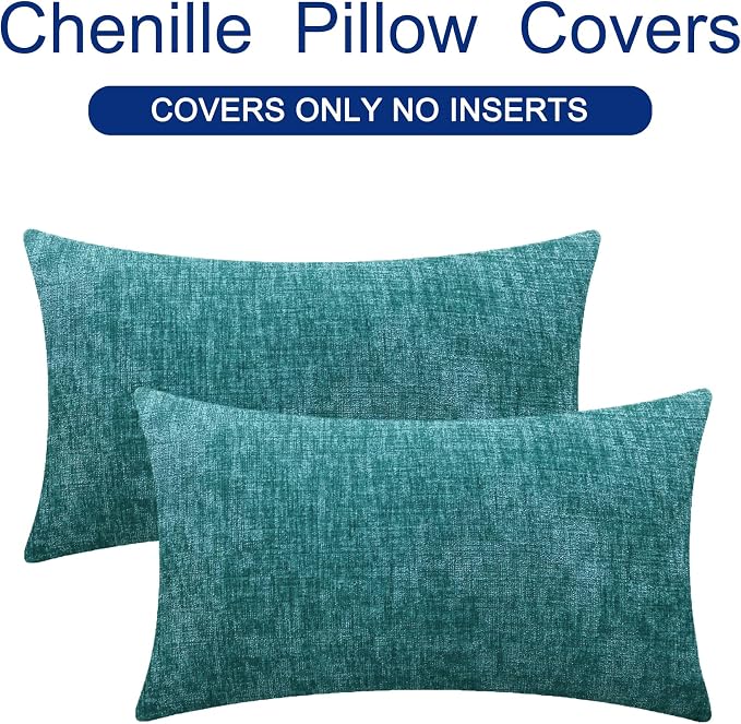 CaliTime Decorative Couch Throw Pillow Covers 26 X 16 Inches Teal | Pack of 2, Cozy Chenille Cushion Cases for Sofa Bed Living Room Farmhouse Home
