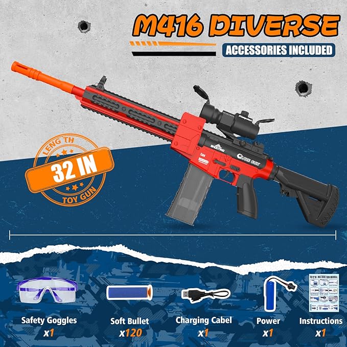 Automatic Toy Foam Blaster Sniper with Scope, Electric Toy Gun Dart Blaster with 120 Foam Darts for Guns, Goggles, Air Pocket Technology Outdoor Shooting Game Kids Toys for Ages 8-12 Boys Girls-Red