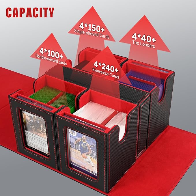 Kabinka Card Deck Box for MTG Commander, Holds 400+ Double-Sleeved Cards, 5 IN 1 Detachable Card Case with Dice Tray, Fits Magic/TCG Cards, 4 Magnetic Card Holders & Dividers (Black Red)