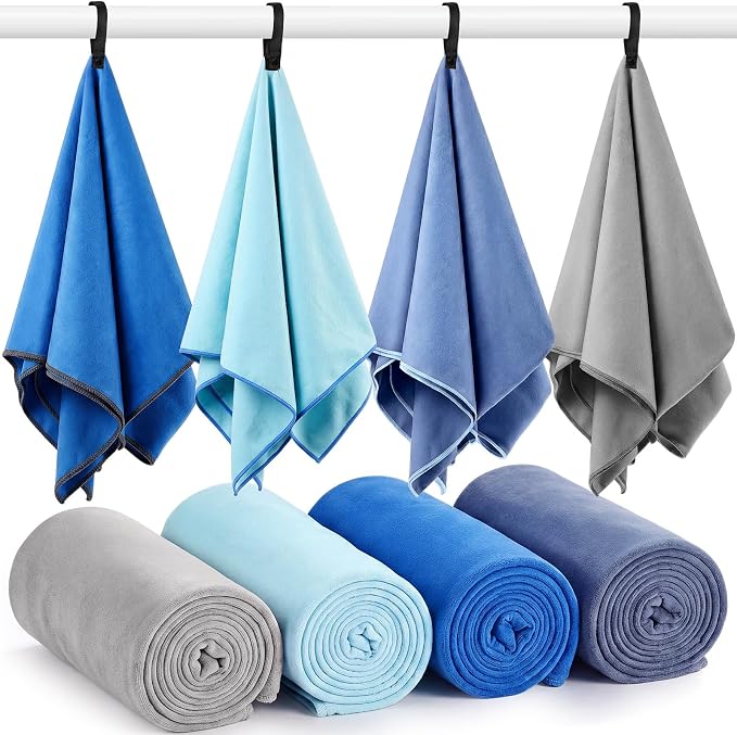 Mixweer 4 Pack Gym Microfiber Bath Towels 63"x32" Extra Large Shower Towel Lightweight Oversized Fast Drying Bathtowel for Gym Sports Travel Camping(Sky and Royal Blue, Gray, Lake Blue)