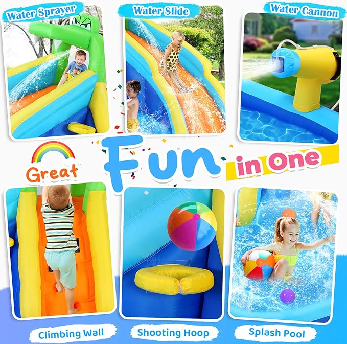 Whubefy Inflatable Water Slides for Kids with 450W Blower, 6 in 1 Blow Up Water Park, 158x 138 x 89 Waterslide w/Climbing Wall, Splash Pool, 2 Water Cannon, Basketball Rim & Crocodile Shower Head