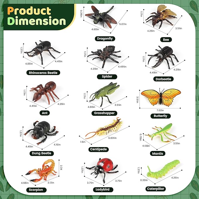14PCS Plastic Fake Bugs, Big Realistic Fake Insects Toy Figures Halloween Party Education Animal Themed Decoration,Includes Spider Ladybug Butterfly and More