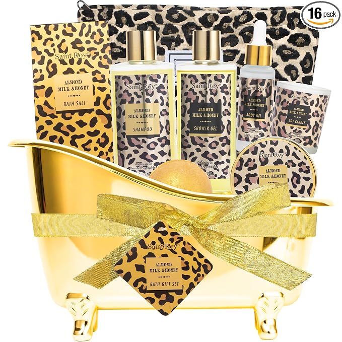 Spa Gift Basket, Spa Kit for Women, Honey & Almond Bath & Body Gift Set | Home Spa Bath Gift Basket, Travel Cosmetic Bag Bath Set Christmas Gifts, Pamper Kit for Women, Birthday Bath Self Care Gift