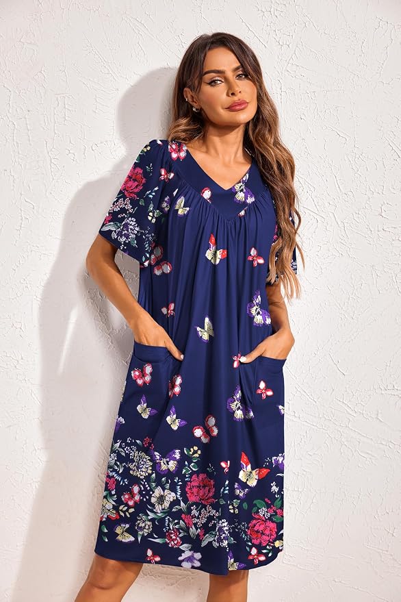 Ekouaer Womens House Dress Floral Print Nightgown with Pockets Mumu Dress