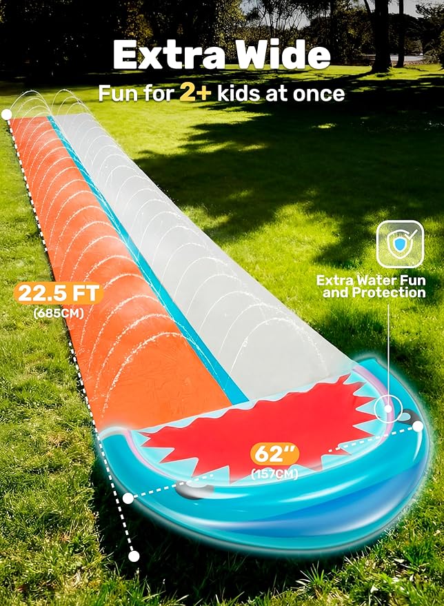 Sloosh Water Slides with 2 Inflatable Boards,22.5ft Double Lane Splash Slip Lawn Water Slide with Advanced Sprinklers Summer Toy for Kids Adults Fun Backyard Summer Outdoor, Shark