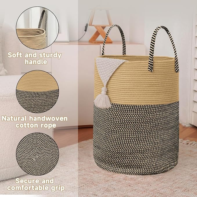 JMvicyroam 100L Cotton Rope Laundry Basket Hamper, Brown and Black | Collapsible laundry basket, reinforced handles, freestanding, machine washable, holds 3-5 thick blankets, clothes or toys