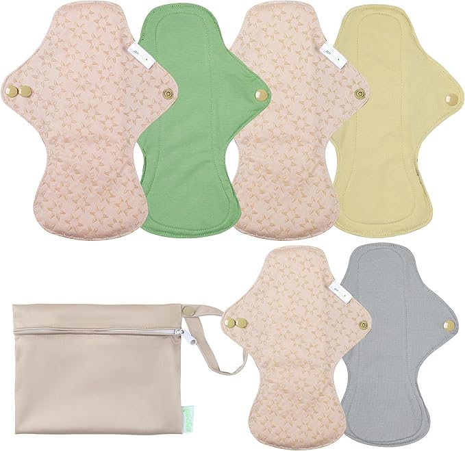 wegreeco 6 Pcs Reusable Menstrual Pads, Ultra Absorbent Cloth Pads for Heavy Flow, Sanitary for Teens, Women, Nonslip, Inner Mustard Yellow, Grey, Beige, Rose Gold Outer, L