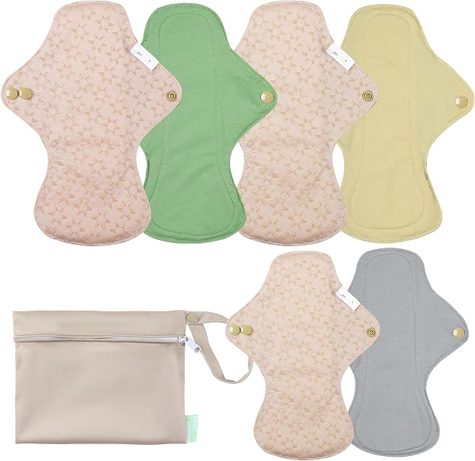 wegreeco 6 Pcs Reusable Menstrual Pads, Ultra Absorbent Cloth Pads for Heavy Flow, Sanitary for Teens, Women, Nonslip, Inner Mustard Yellow, Grey, Beige, Rose Gold Outer, S