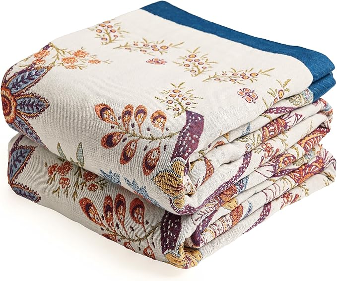 VANJOROY Boho Throw Blanket, 100% Organic Cotton Breathable Skin-Friendly Ultra Soft Bed Quilt Throw - All Season Floral Farmhouse Décor Luxury Blanket for Sofa Couch Chair and Gift. 80" x 90"
