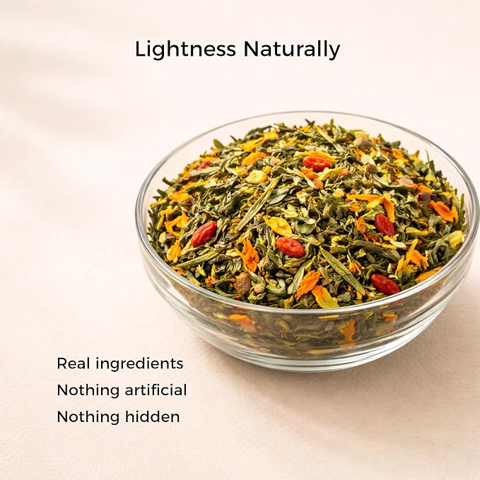 Pure And Easy Tea, Belly Bliss Loose Leaf Tea, Whole Leaf Botanical Blend with Yerba Mate, Sencha & Dandelion Leaf (100g)