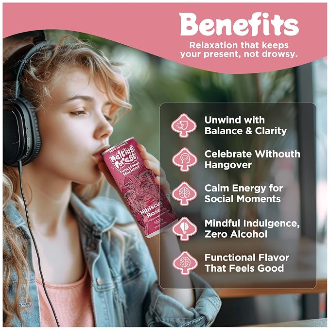 Melting Forest Functional Mocktail Hibiscus Rose – Alcohol-Free, Euphoric Adaptogen Drink with Reishi, Antrodia, Lion’s Mane, Ashwagandha – 10 Calories, Vegan, Gluten-Free (4 Pack)