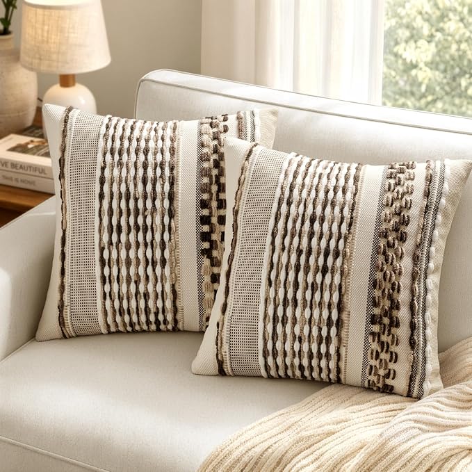 ANRODUO Boho Decorative Pillow Covers Dark Brown Stripe 18x18 Pack of 2 | Throw Pillow Covers, Farmhouse Cushion Case, Chenille Pillow Cases, Pillow Covers, Accent Neutral Pillowcase for Couch Bed