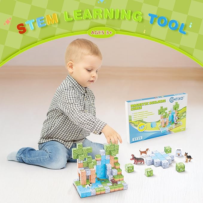 Contixo Magnetic Blocks - 100PCS Magnet Building Tiles Cubes for Kids Ages 3-8, STEM Stacking Learning Toys with Vibrant Colors, Educational Toddler Construction Toys for Creative Play, Birthday Gifts