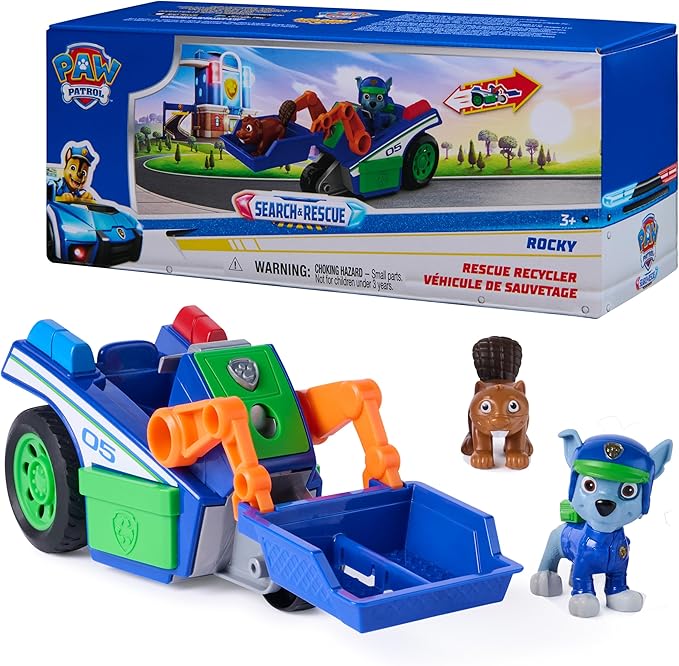 Paw Patrol: Search & Rescue, Rocky Rescue Recycler Vehicle with 2 Figures, Toy Car with Pull-Back Action, Kids Toys for Boys & Girls Ages 3+