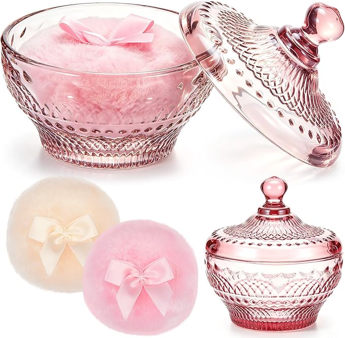 Tioncy 3 Pcs Large Body Powder Puff and Container Valentine's Day gift Powder Container with Puff Crystal Case Soft Washable Reusable Velour Face Body Glitter Wet Dry Makeup (Retro,Purplish-red)