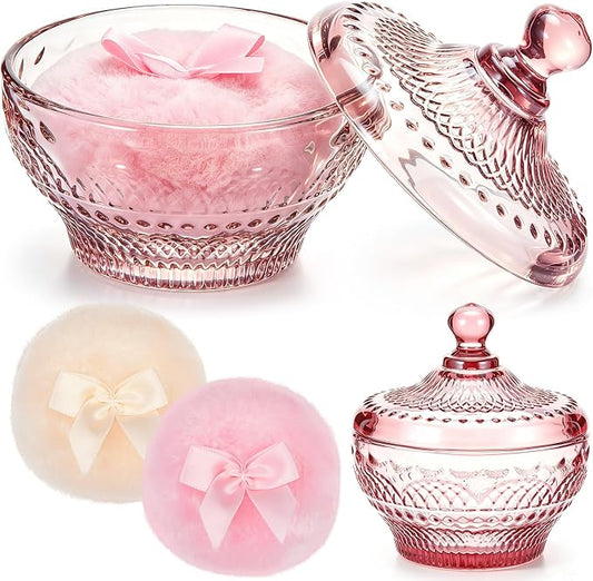Tioncy 3 Pcs Large Body Powder Puff and Container Valentine's Day gift Powder Container with Puff Crystal Case Soft Washable Reusable Velour Face Body Glitter Wet Dry Makeup (Retro,Purplish-red)