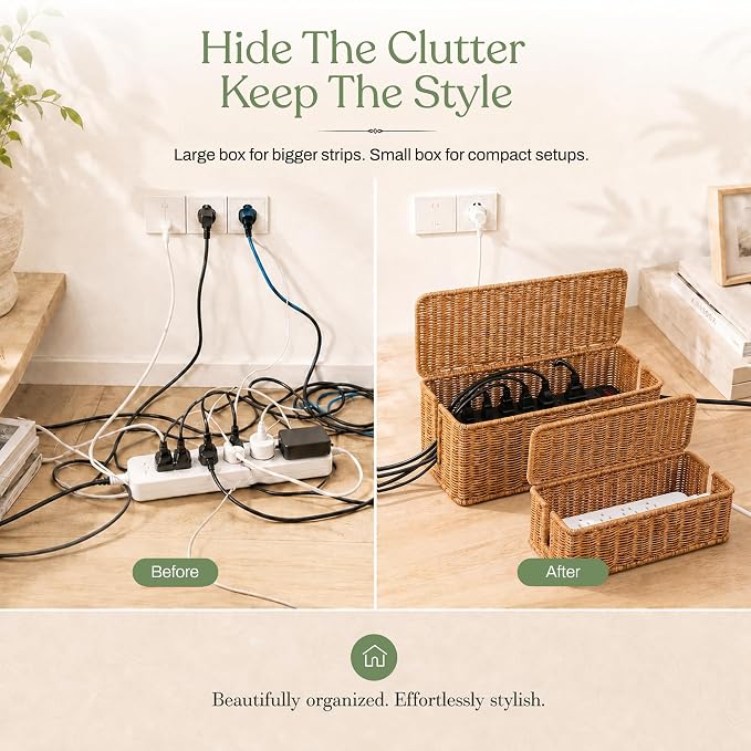 Cable Management Box Set of 2 Sizes, Handmade Rattan Cable Organizer with 2 Open Slots, Cord Hider for Power Strip, Router & USB Hub, Registered U.S. Design Patent (D1,112,102), Natural