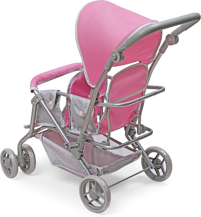 Badger Basket Double Doll Stroller - Pram for Baby Doll with Adjustable Seats & Storage Basket - Fits Doll Up to 20 Inches - Best for Toddler and Kid Pretend Play Ages 3 and Up - Pink/Grey