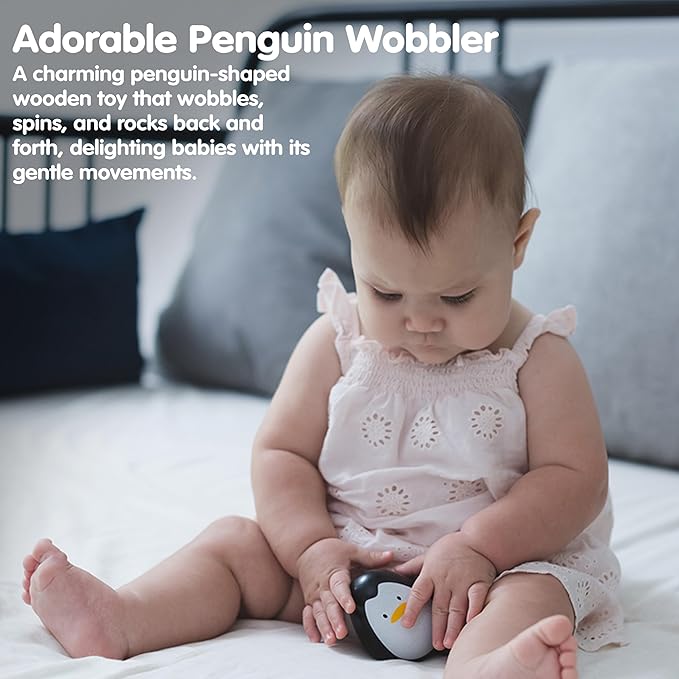 PlanToys® Penguin Wobbler Montessori Wooden Baby Sensory Toy for Tummy Time | Cause & Effect Developmental Toy for Babies 6+ Months