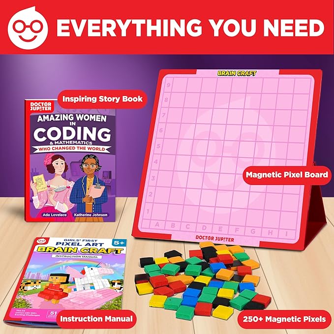 Doctor Jupiter My First STEM Pixel Art Kit, Brain Craft for Girls Ages 5+ | Birthday Gift Ideas for 5-6-7-8-9-10 Year Old Girls | Learning & Educational Coding Basics Toy with 100+ Challenges