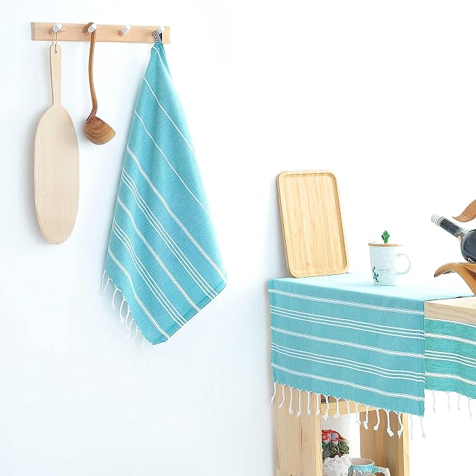 Cacala 100% Turkish Cotton Kitchen Tea Towels, Highly Absorbent Luxury Soft Quick Drying Dish Towel with Hanging Loop for Gym, Yoga, Bath, Sports, Cleaning and Kitchen (23 x 36), Aqua