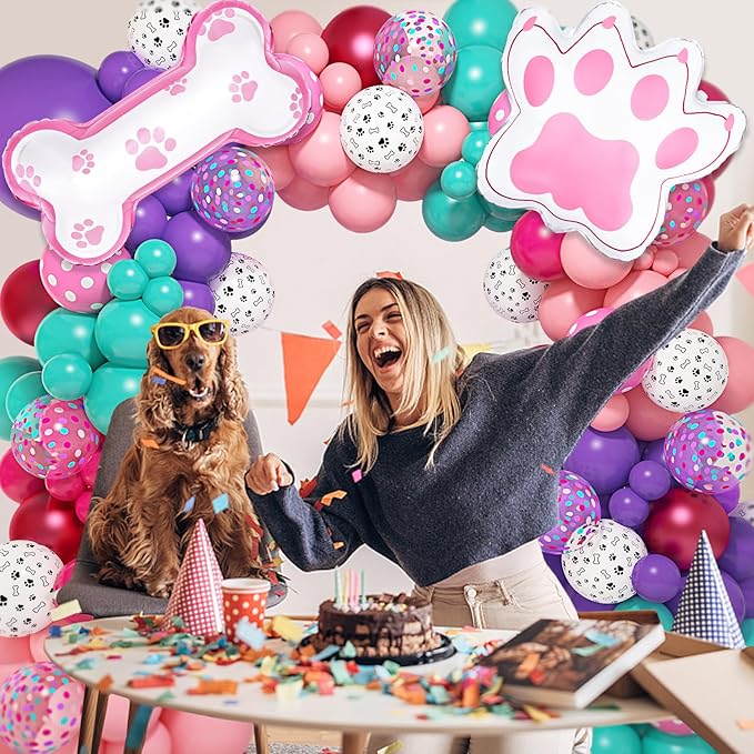 147Pcs Paw Balloons Garland Arch Kit with Dog Paw Print Balloons Pink Purple Turquoise Confetti Balloon for Girls Puppy Themed Birthday Baby Shower Party Decorations