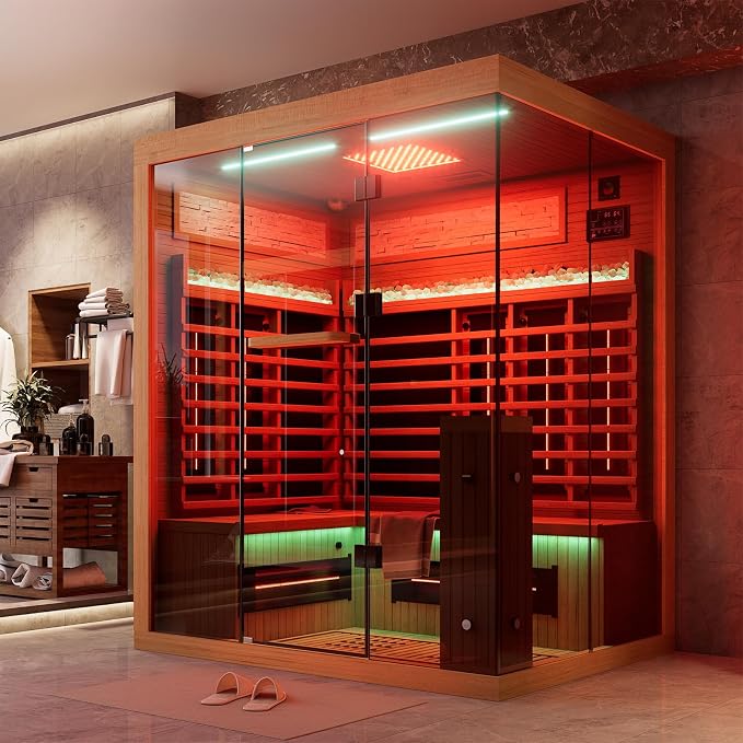 MEISSALIVVE Full Spectrum Infrared Sauna，3-4 Person Home Sauna，Wooden Canadian Hemlock Luxury Indoor Spa Sauna with Resonance Speaker, Panoramic Tempered Glass Door