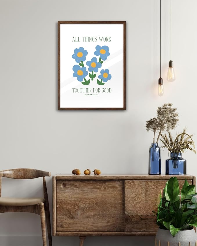 EcoHest 12x16 in Romans 8:28 All Things Work Blue Floral Christian Wall Art | Walnut Color Solid Oak Frame with Canvas Wall Art, Scripture Bible Verse Decor for Bedroom, Living Room, Office, Church,1Pack